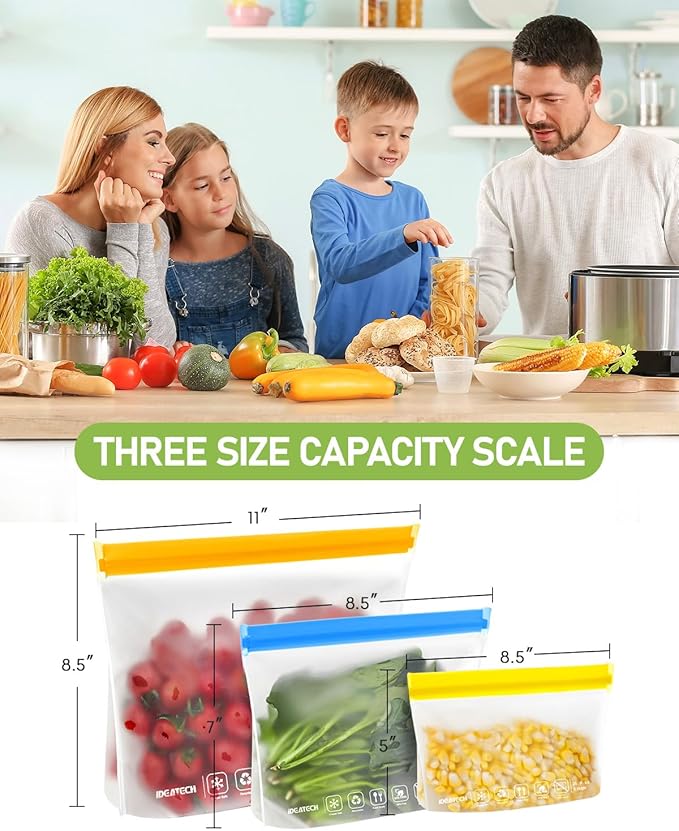 24Pack Reusable Food Freezer Bags Dishwasher Safe, Leakproof Storage Contaizers, Reusable Bags Various Size for Food Storage, BPA Free Resealable Baggies(8Gallon 8Quart 8Snack,Colored)