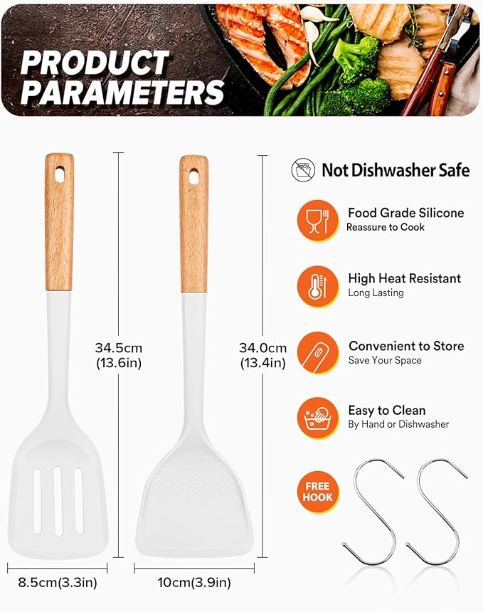 Silicone Wok Spatula Turner Set, Perfect for Scooping, Flipping, Lifting Pancakes and Picking up Veggies, BPA-Free Matte Silicone, Wooden Handles, Safe for Nonstick Cooking Surfaces (White)