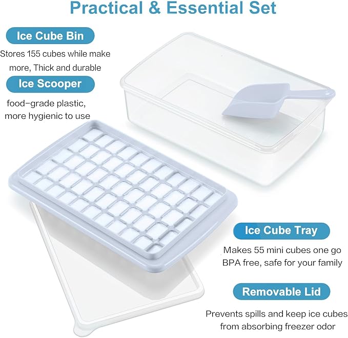 ARTLEO Ice Cube Maker Trays for Freezer with Lid and Storage Bin, Easy Release 55 Mini Nugget Ice Cubes Trays 2 pack with Cover, Ice Holder, Scooper, Flexible Plastic Ice Mold & Bin, BPA Free