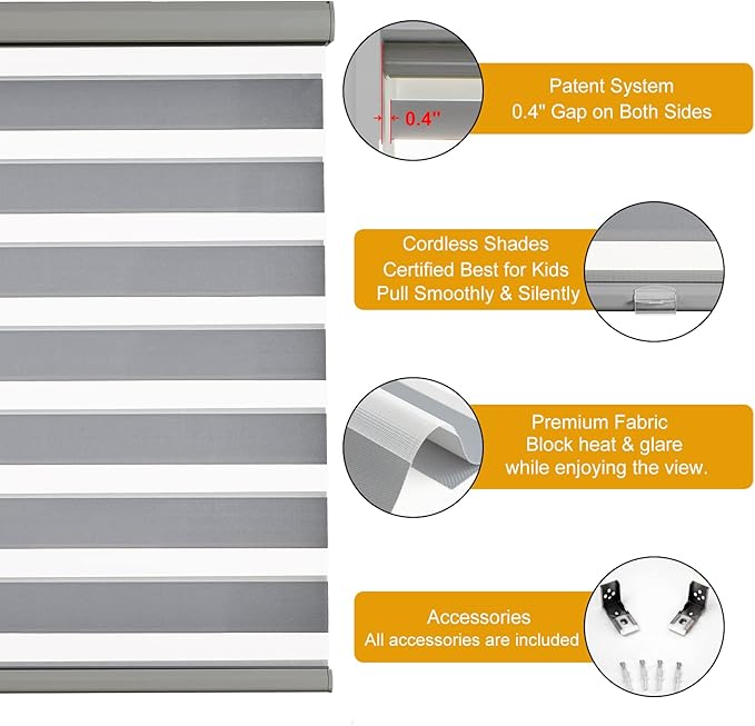Persilux Cordless Zebra Blinds for Windows (36" W X 72" H, Grey) Free-Stop Windows Shades Dual Layer Light Control for Day and Night, Light Filtering Sheer Shades for Home, Easy to Install