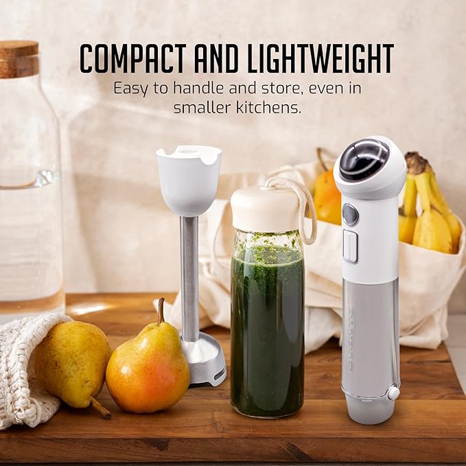 OVENTE Cordless Immersion Hand Blender, 300W Rechargeable Handheld Portable Stick Mixer with Speed Pulse Activating Sensor and Stainless Steel Blades for Smoothies, Shakes or Baby Food, White HR995W