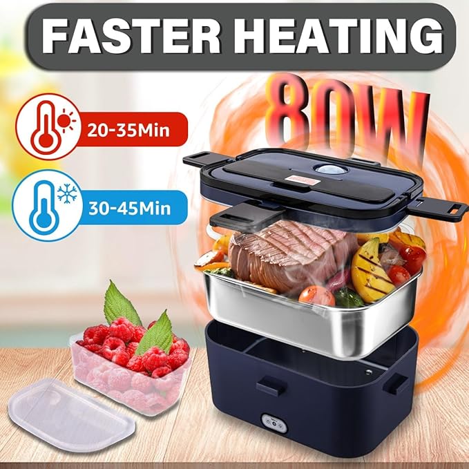 Nifogo Electric Lunch Box for Adults 80W 1.8L, Faster Heated Lunch Box for Men, Portable Electric Lunch Boxes Food Heater 12V/24V/110V Heating LunchBox for Car/Truck/Work with Bag(Blue)