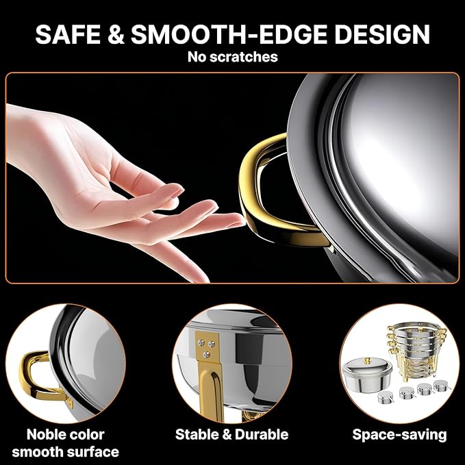 Chafing Dishes for Buffet 10 Pack, 6QT Round Chafing Dish Buffet Set Stainless Steel Buffet Food Warmers Sets for Catering Events Parties Dinners with Complete Set,Gold and Silver (10)