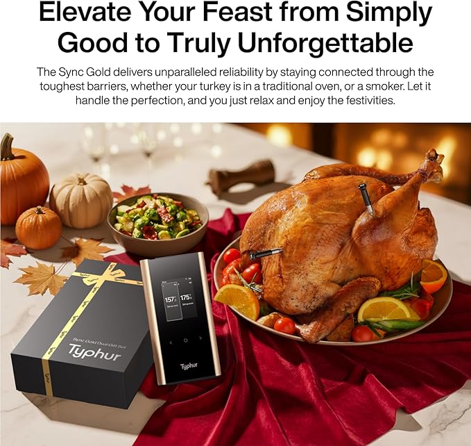 Typhur Sync Gold Dual Gift Set, WiFi Wireless Meat Thermometer with 2 Slim Probes & Storage Case, 6 Sensors, 10x Stronger Signal, Smart Base, ±0.5℉ Accuracy, for Grill BBQ Oven Smoker