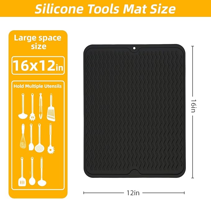 Blackstone Griddle Accessories Silicone Grill Side Shelf Tool Mat, Outdoor BBQ Spatula Mat, with Drip Pad Kitchen Countertop Heat Resistant Mat (Black)