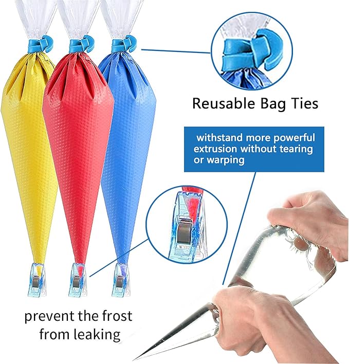 122Pieces Tipless Piping Bags - 100pcs Disposable Piping Pastry Bag for Royal Icing/Cookies Decorating - 10 Pastry Bag Ties,10 Clips &2 Scriber Needle - Best Cookie/Cake Decorating Tools (16 Inch)