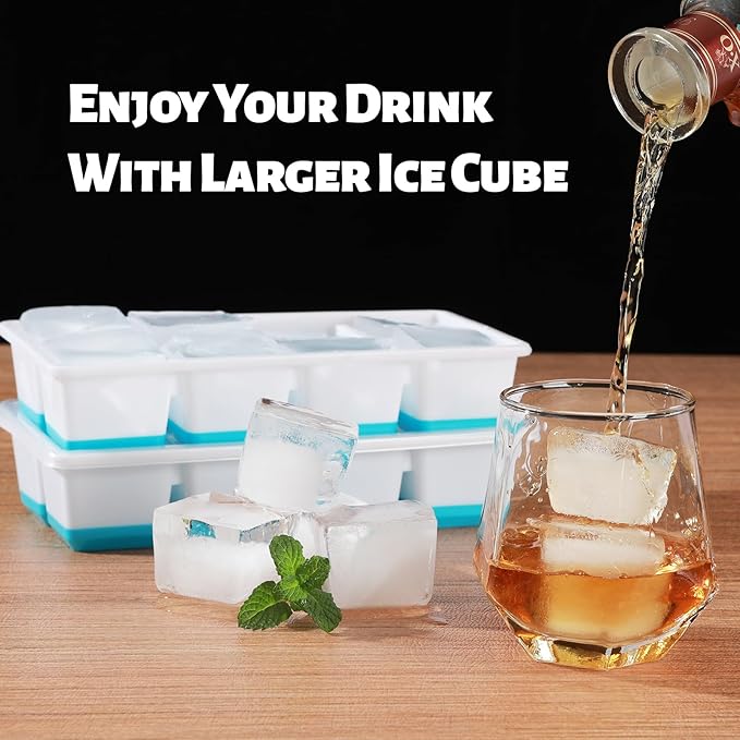 Large Ice Cube Trays with Lid, Jrisbo 2 Pack Stackable Silicone Ice Cube Molds for Freezer, Easy Release 16 Big Square Ice Trays for Whisky Cocktails (Blue)