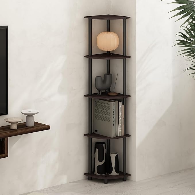 Furinno Turn-N-Tube Corner Shelf, 5-Tier Corner Display Rack, Shelving Unit, for Organization and Storage, Living Room, Home Office, Garage, Bedroom, Dark Walnut