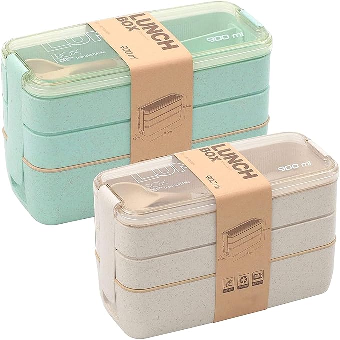 Rarapop 2 Pack Stackable Bento Box Japanese Lunch Box Kit with Spoon & Fork, 3-In-1 Compartment Wheat Straw Meal Prep Containers for Kids & Adults (Green/Beige)