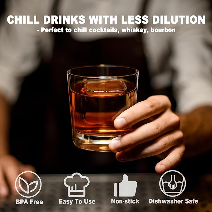 Nax Caki Large Ice Cube Tray with Lid Pack of 2, Stackable 2 Inch Big Silicone Square Ice Cube Mold for Whiskey Cocktails Bourbon Soups Frozen Treats, BPA Free