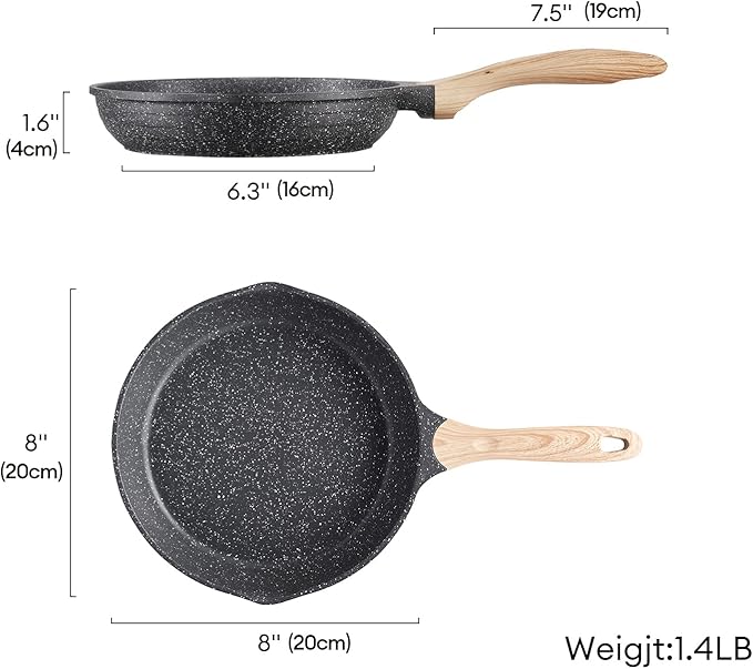 JEETEE 8 Inch Nonstick Frying Pan, Stone Coating Cookware, Nonstick Omelette Pan with Heat-Resistant Handle, Compatible with All Stoves (Grey)