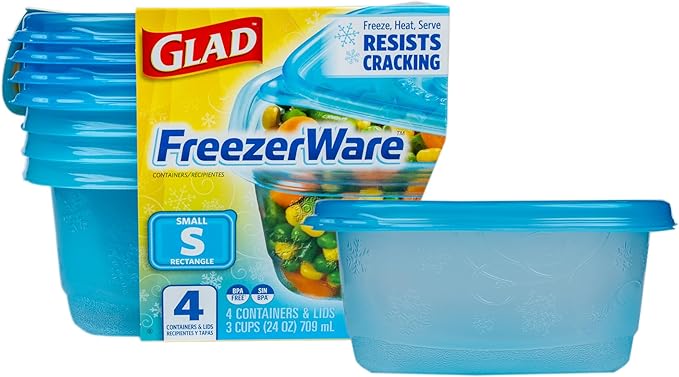 Glad GladWare Freezerware Food Storage Containers - Small Rectangle - Meal Container Holds up to 24 Ounces of Food - Lock Tight Seal, 4 Count