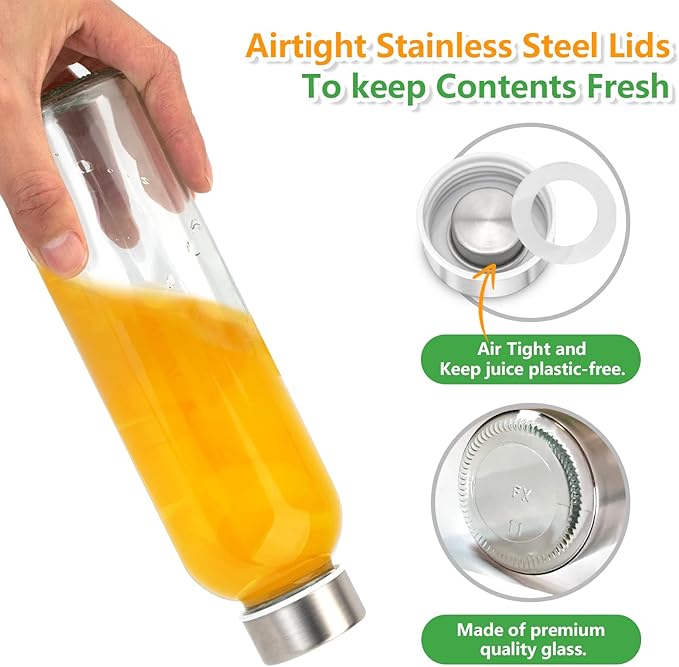 Zukro Glass Water Bottles with Lids 18 oz, 10 Pack Reusable Juice Bottles With Stainless Steel Airtight Cap for Juicing, Leak Proof Clear Drinking Jar Beverage storage container for Fridge, BPA Free