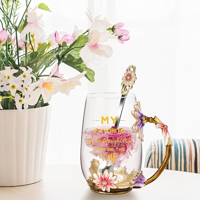 OEAGO Grandma Gifts from Granddaughter Tea Cup Birthday Grandparent Gifts Mothers Day Enamel Flower Glass Mugs from Grandkids Grandchildren