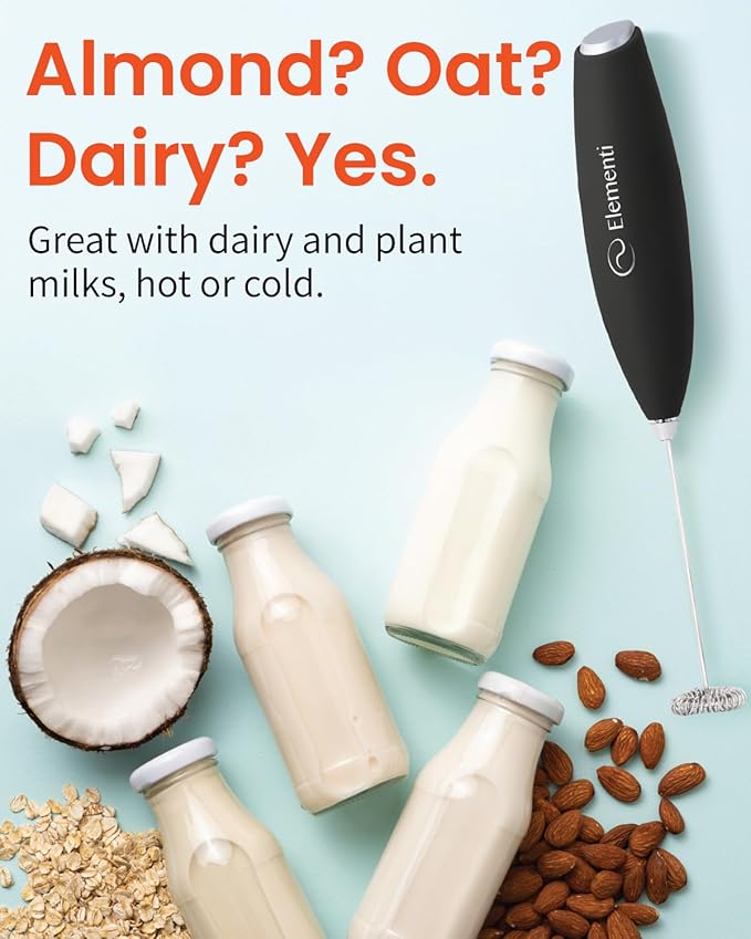 Elementi Milk Frother Handheld - Electric Stirrer and Powerful Protein Powder Mixer Wand, Easy-to-Use Mini Mixer Wand for Quick Delicious Cocktails, Coffee Frother Handheld and Coffee Stirrers (Mocha)