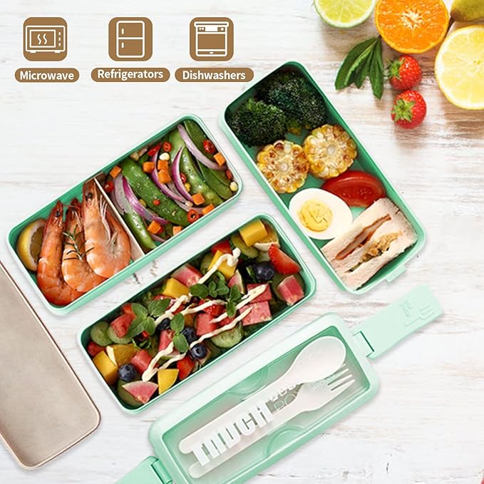 Bento Box Upgrade Japanese Lunch Box Kit,3 Layer Stackable Leakproof Lunch Box Containers with Accessories,Wheat Straw Bento Lunch Box for Kids and Adults
