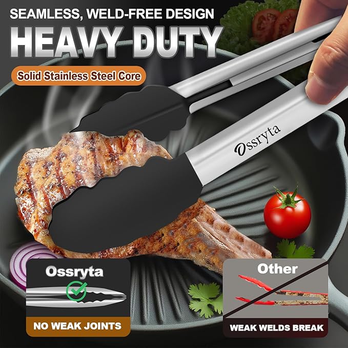 Kitchen Tongs with Silicone Tips - Heat Resistant 600°F Stainless Steel Cooking Tong Set, Non-Stick 7" 9" 12" Locking Silicone Tongs for Cooking, Grilling, Serving & Baking (3-Piece, Black)