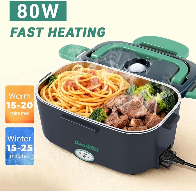 Electric Lunch Box for Adults, 80W Heated Lunch Box, 1.5L Stainless Steel Container | 12V/24V (Car/Truck) & 110V (Office/Home) | with Fork&Spoon and Insulated Carry Bag