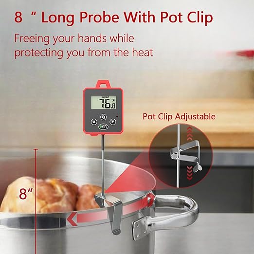 Digital Candy Thermometer with Pot Clip, Backlight LCD, 8" Long Probe, Temperature Alarm, ℃/℉ Switch, Instant Read Kitchen Thermometer for Cooking, Baking, and Candy Making