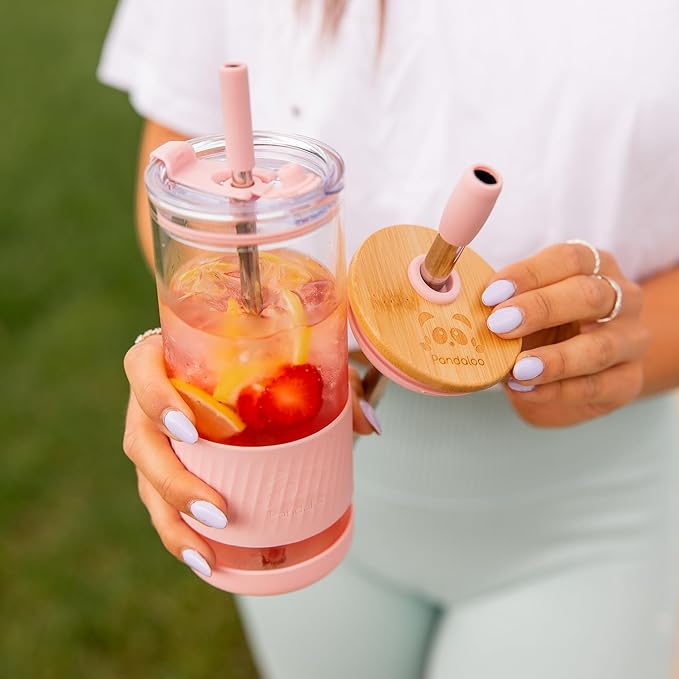Pandaloo® Glass Cups With Lids and Straws -20 Fl Oz- Perfect Size Iced Coffee Cup - Smoothie Cup With Bamboo Lid and On the go Lid - Glass Tumbler With Straw (1 Count (Pack of 1), Vanilla Cream)