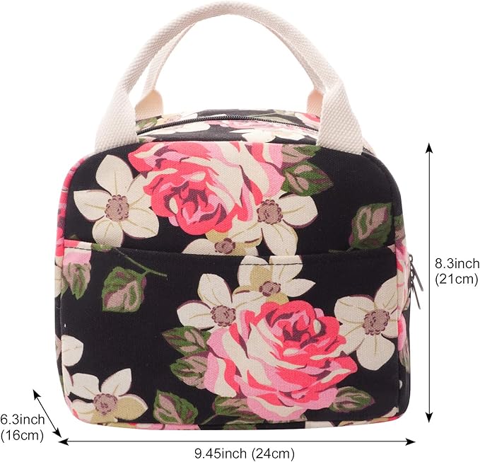 EurCross Floral Lunch Bag Classic for Women Girls, High Grade Cotton Canvas Insulated Lunch Box Bag Hold Bento Box or Round, Square and Uniquely Shaped Lunch Containers, Small Light Weight for Carry