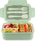 NatraProw Bento Box for Adult, 1400 ML Lunch Containers for Adults, LeakProof Lunch Box with Utensils, BPA Free, 3 Compartment Bento Box Microwave Safe, Light Green