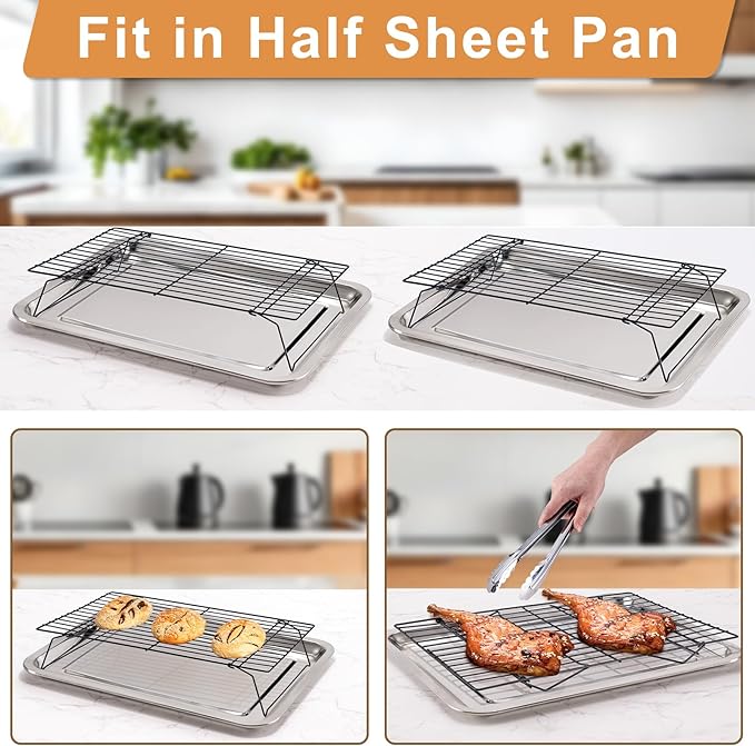 Cooling Rack for Baking 3 Tiers, 16" x 10" Cookie Cooling Wire Rack Stackable Collapsible Nonstick, Stainless Steel Baking Cooking Cooling Racks with Optimum Air Flow, Black