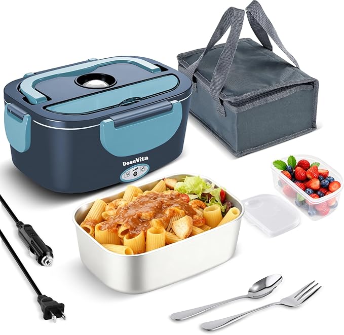 Electric Lunch Box for Adults, 80W Heated Lunch Box, 1.5L Stainless Steel Container | 12V/24V (Car/Truck) & 110V (Office/Home) | with Fork&Spoon and Insulated Carry Bag