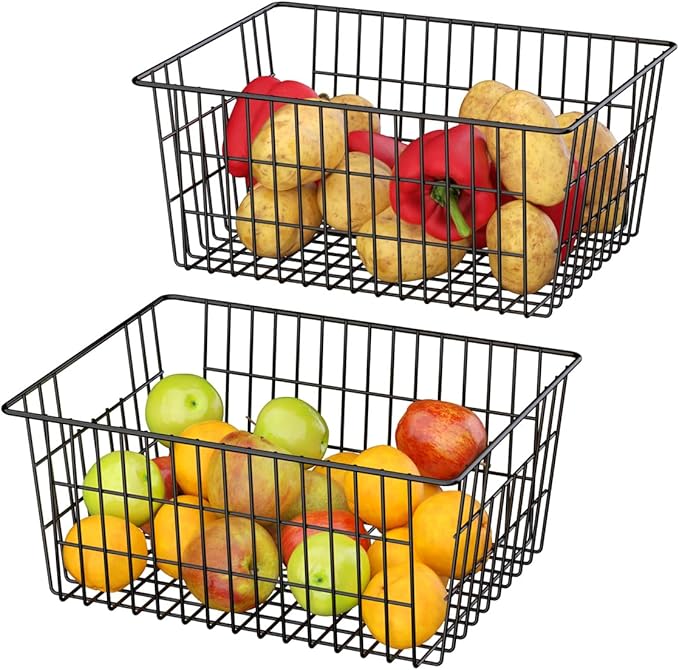 SANNO Large Freezer Baskets Metal Storage Organizer Bin Basket Wire Storage Basket for Kitchen Pantry Bathroom Large Metal Farmhouse Food Fruit Produce Organizer Bins,black,8