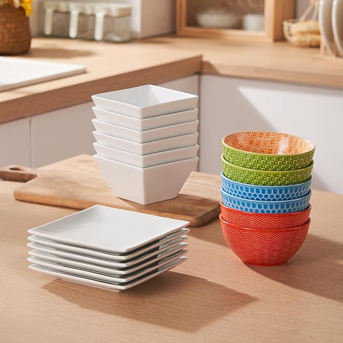 Porcelain Small Serving Bowls Set of 6, 13 Oz Square Cereal Bowls, 4.6" White Ceramic Dessert Bowls for Salad, Dip, Soup, Snack, Fruits, Small Portions, Dishwasher & Microwave Safe