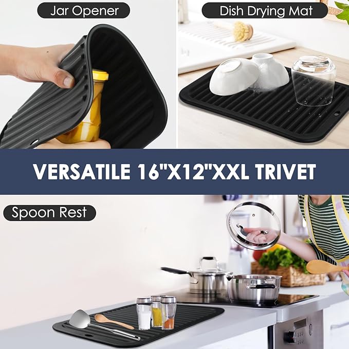 2 Pcs Silicone Trivets Black 16'' X 12'' Nonslip and Heat Resistant Hot Pads Trivets for Hot Pots and Pans Hot Pads for Kitchen(Black)