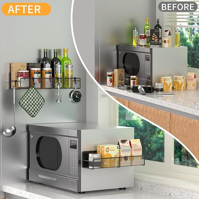 Magnetic Spice Rack for Refrigerator, 2 Pack 100% Metal Strong Magnet Shelf Black, Moveable Spice Organizer with Hooks, Magnetic Fridge Shelf for Kitchen Home Laundry Room Organization and Storage