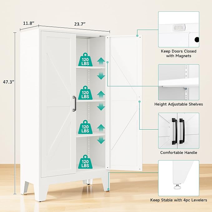 Metal Storage Cabinet with 2 Doors and 3 Shelves,White Pantry Storage Cabinet with Legs,Farmhouse Pantry Cabinets Cupboard,Bathroom Cabinets for Home,Kitchen,Dining/Living Room (47.3" H)