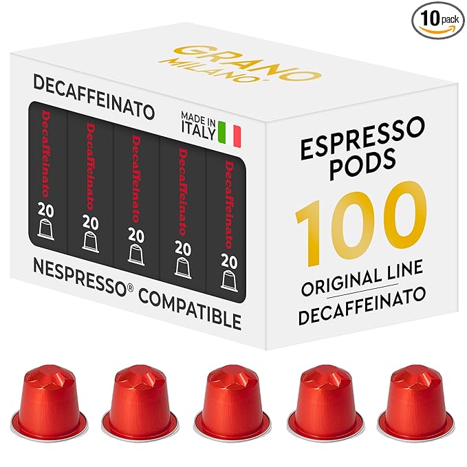 Grano Milano - Aluminum Coffee Pods Compatible with Nespresso®* Original Line Machines (Decaffeinato., 100 Pods)
