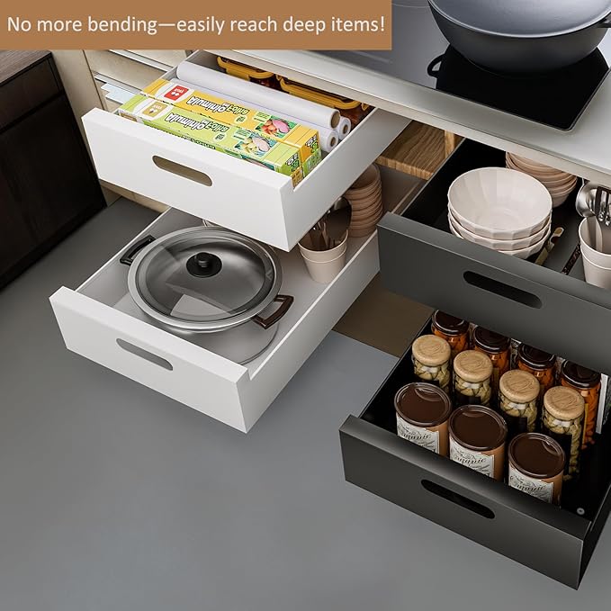 HBL' 2 Pack | 21" Deep Pull Out Cabinet Organizer Adhesive, 12-Inch Wide Sturdy Carbon Steel Roll-Out Drawers for Face Frame or Frameless Cabinets,Slide-Out Shelves for Pantry.