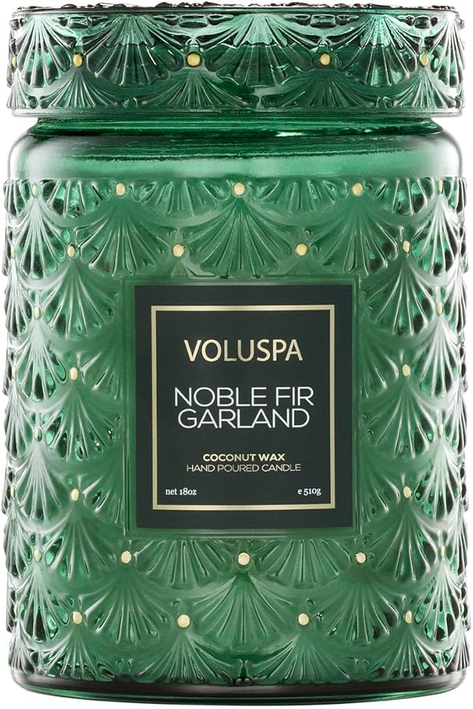 Voluspa Noble Fir Garland, Large Candle Jar, 18oz, Coconut Wax Blend, Christmas Scented Candles for Home, 100 Hour Burn Time, Poured in the USA