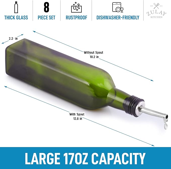 Zulay Kitchen 2-Pack 17oz Olive Oil Dispenser Bottle Set - Glass Bottles with 2 Spouts, 2 Removable Corks, 2 Caps, & 1 Funnel - Oil Bottle for Kitchen & Storing Liquids