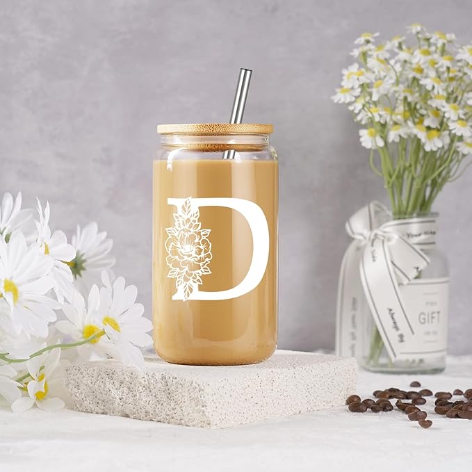Coolife Initial Glass Cup, Monogrammed Gifts for Women, 16 oz Glass Cups w/Lids Straws, Iced Coffee Smoothie Beer Tumbler w/Straw Lid - Personalized Christmas, Birthday Gifts for Her Mom Friend Woman