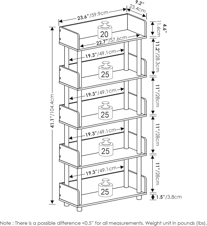 Furinno TURN-N-TUBE 5-Tier Display Shelf, Storage Shelves, Book Shelf, Open Shelves with Rounded Corner Top Edges, for Organization and Storage, Living Room, Home Office, Espresso