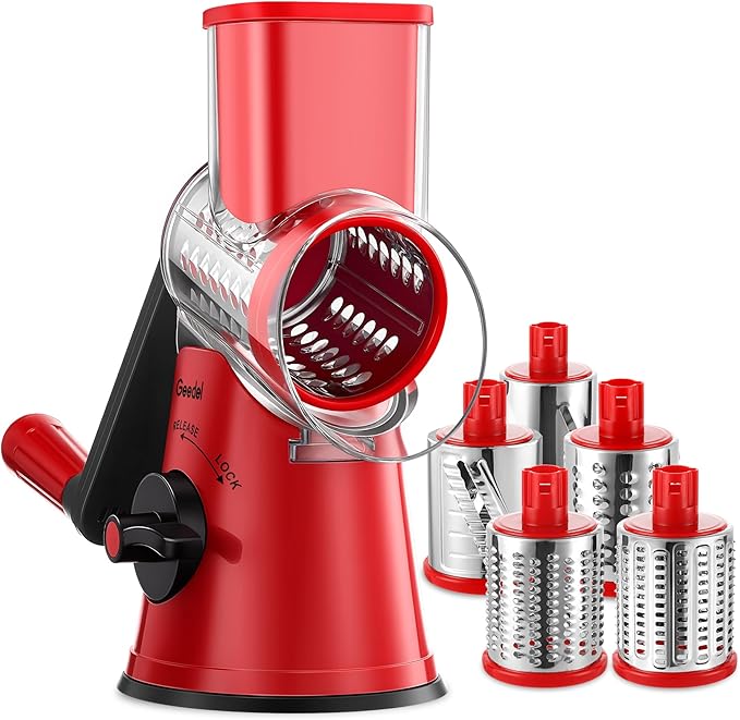 Geedel Rotary Cheese Grater Cheese Shredder with 5 Interchangeable Blades - Upgraded Rotary Grater Featuring Strong Suction Base for Cheese Shredding, Wavy Slicing, Nut Grinding, and Ice Shaving