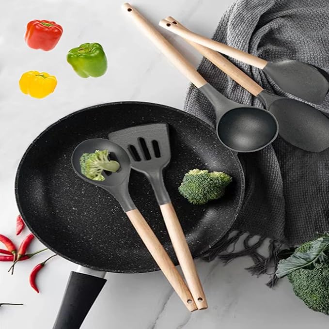 Non-Stick Silicone Cooking Utensils Set, 5 Pcs with Wooden Handle, Heat Resistant Silicone Kitchen Gadgets (Gray)