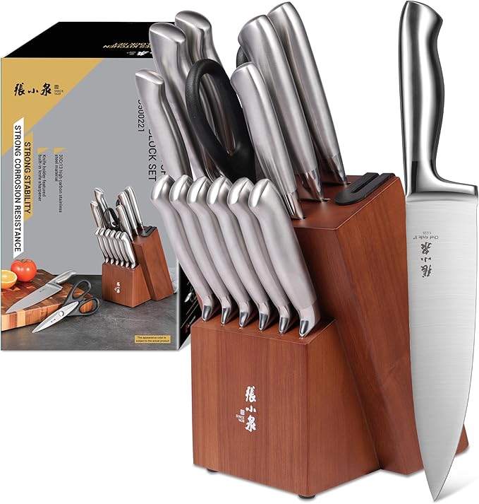 ZHANG XIAO QUAN SINCE 1628 15Pcs Knife Set with Block, 50Cr15MoV High Carbon Stainless Steel Kitchen Knife Set, Sharp and Durable, Hundreds of Years of Masterful(Silver)