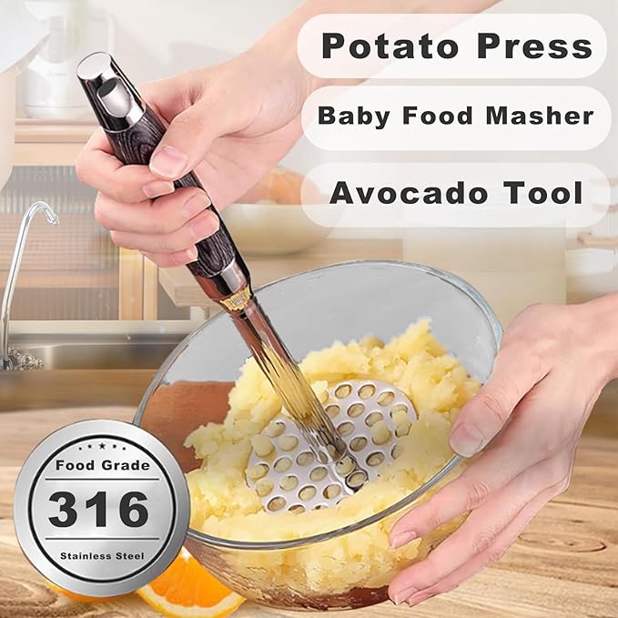 Potatoes Masher, Heavy Duty Potato Masher-316 Stainless Steel, Hand Mashed Potato Mashers & Potatoes Tool-Long Handle for Potatoes, Avocado, Tomatoes, Avocados, Beans, Fruit and Vegetables