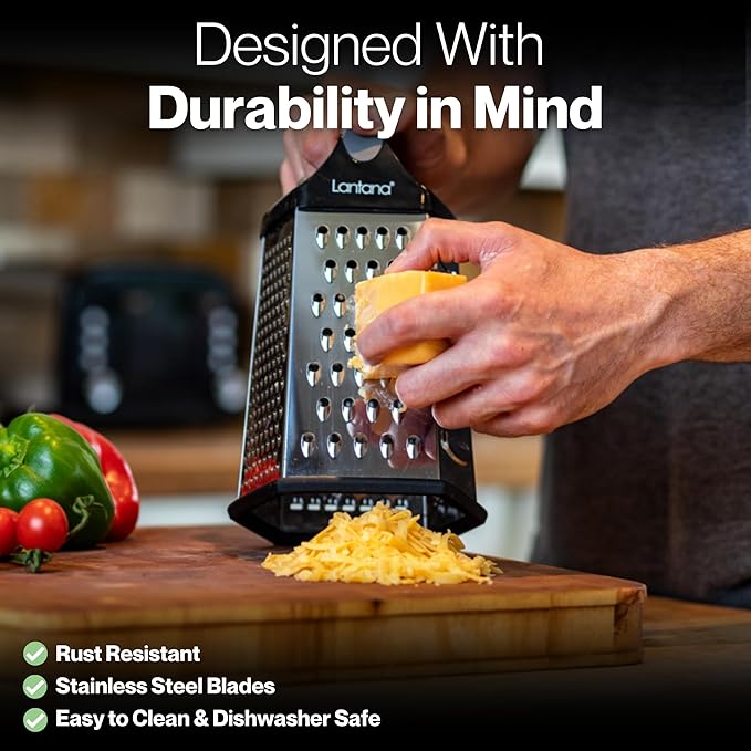Lantana Cheese Grater for Kitchen with Container & Lid - Handheld Stainless Steel Box Food Shredder with Handle and 6 Essential Functions for Coarse, Medium, Fine, or Micro Grating/Shredding/Zesting