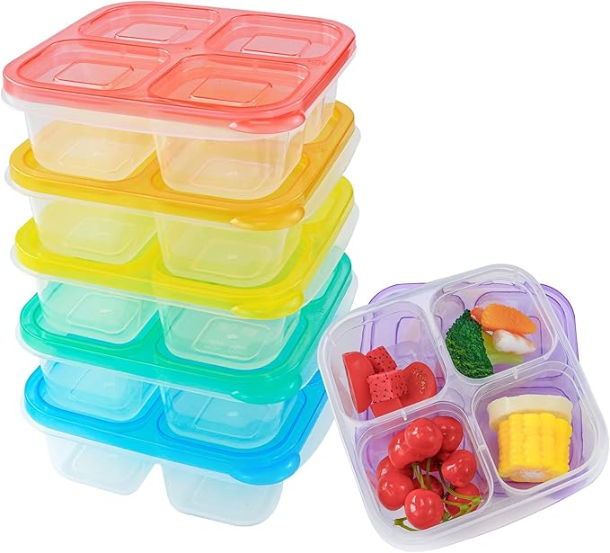 Finorder 6 Pack 4-Compartment Snack Containers, Reusable Food Containers for Kids School, Adults Office, Picnic Trip, Lunch Bento Box Meal Prep Containers (Bright Color Set)