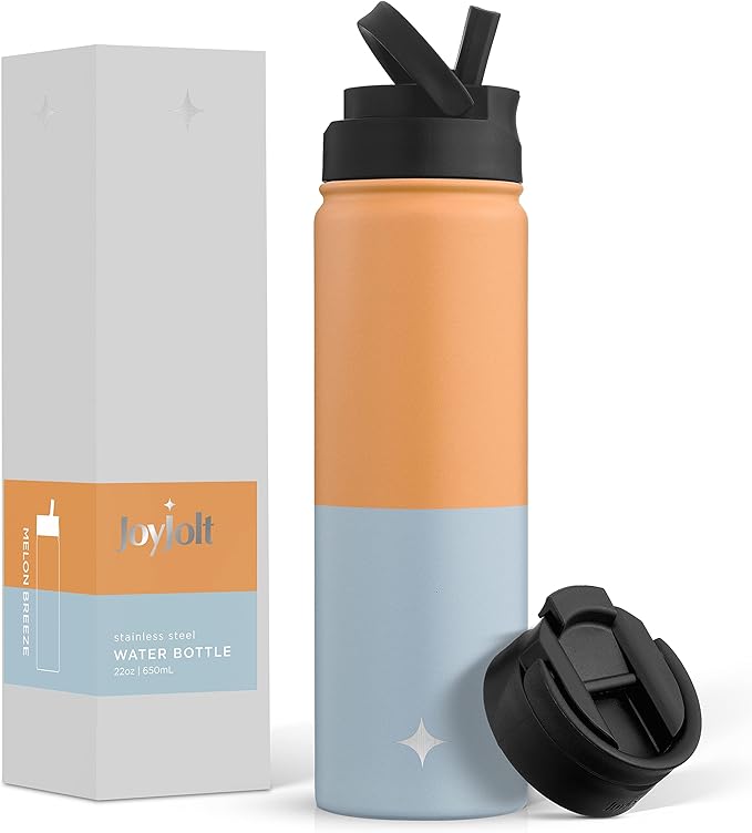 JoyJolt Triple Insulated Water Bottle with Straw Lid AND Flip Lid! 22oz Water Bottle, 12 Hour Hot/Cold Vacuum Insulated Stainless Steel Water Bottle. BPA-Free Leakproof Water Bottles - Thermos Bottle