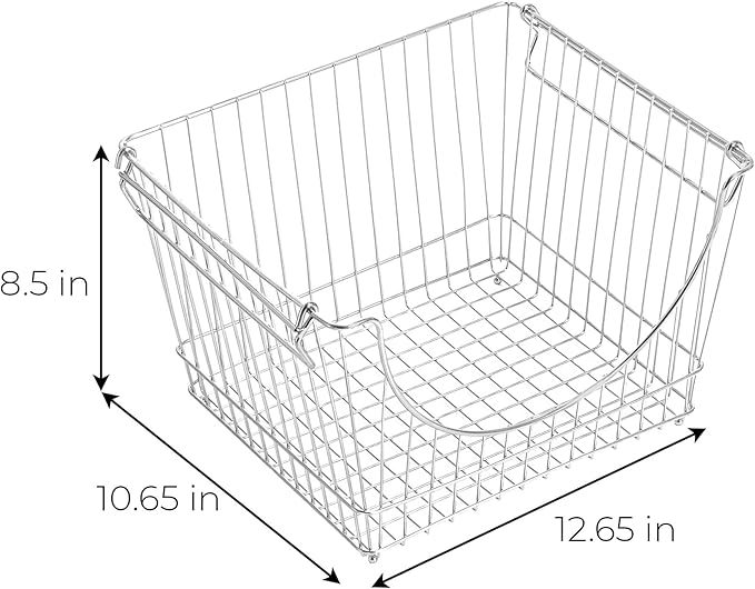 Smart Design Stacking Baskets with Handles - Set of 2 Large - Steel Metal Wire - Fruit Produce and Vegetable Safe Storage Bin Organizer - Pantry Counter Stand Rack - 12.5 x 8.5 Inch - Chrome