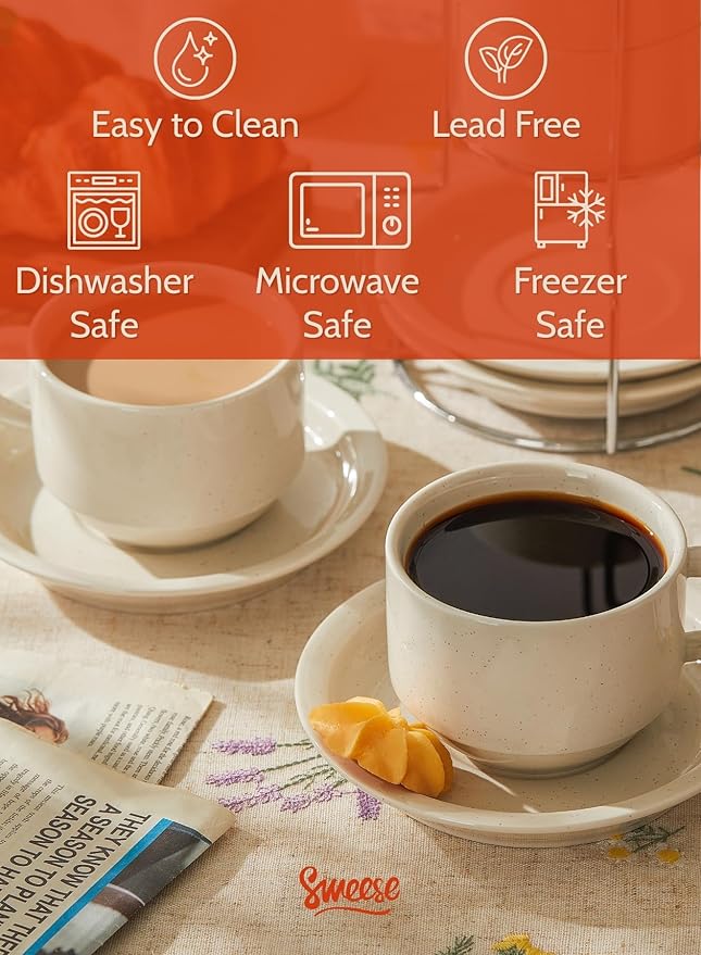 Sweese Porcelain Cappuccino Cups Set - 8 oz Stackable Coffee Mugs with Saucers, Metal Stand, Dove Grey, Set of 4