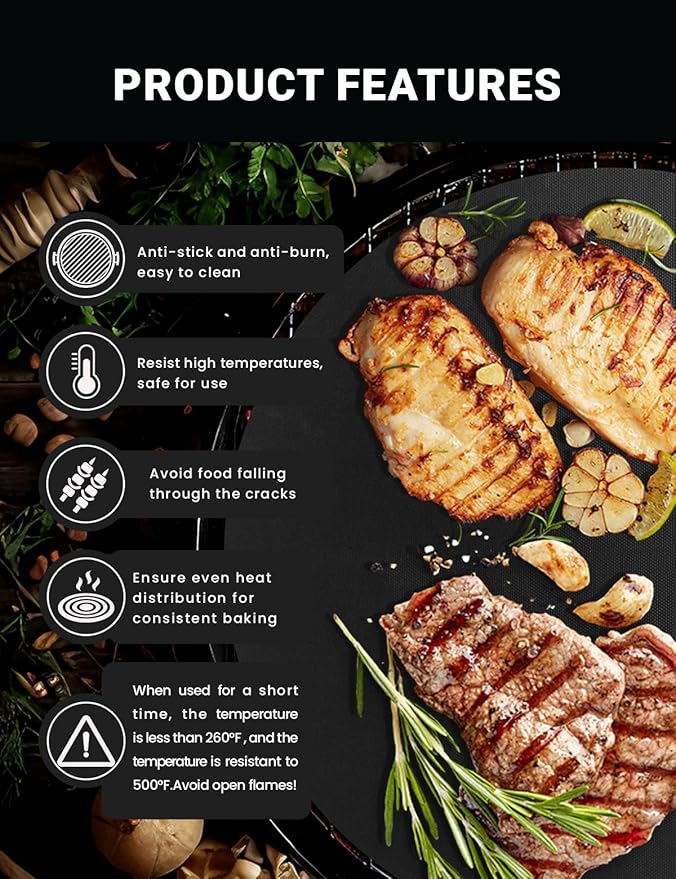 5PCS Copper Grill Mats for Outdoor Grill - Reusable Heat-Resistant Grill Mats for Outdoor Grill, Easy Clean Oven Liner Compatible with Gas/Charcoal/Electric Grills, 15.75x13-Inch Black