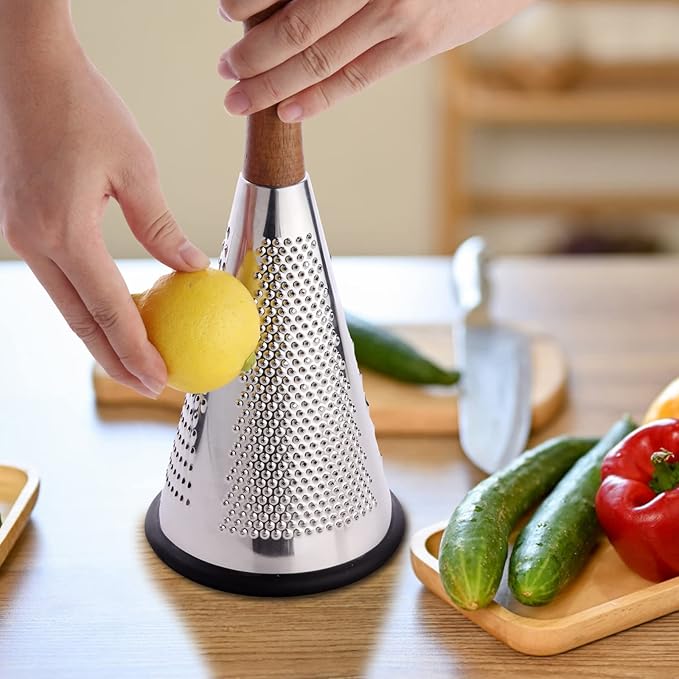 Cone Cheese Grater with Handle - Stainless Steel Triple Function Wood Handle Parmesan Shaver Non-Slip Rubber Bottom Hand Held Multifunction Vegetables Cheese Grater with container(XL:11.8" X 5.1")